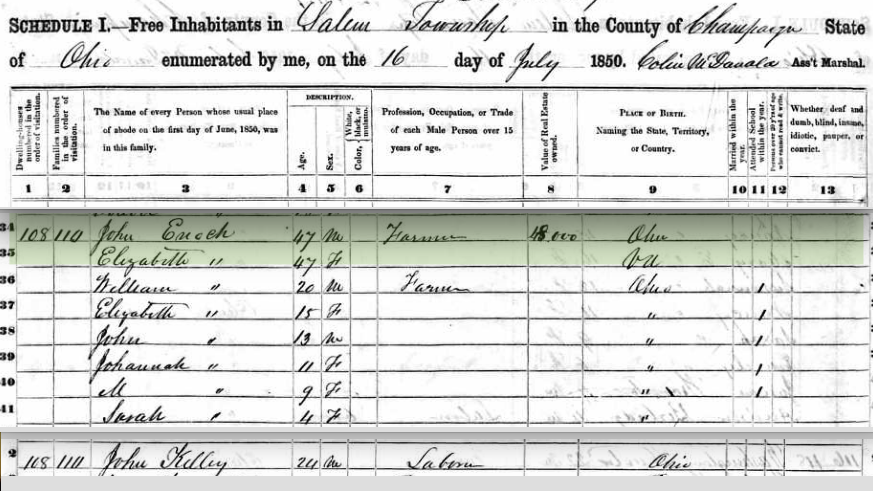 John Enoch household 1850 census